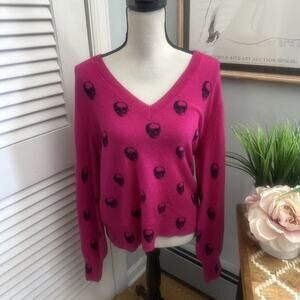 SKULL CASHMERE Sweater Womens Large Fuchsia V-Neck Skull Pattern Halloween